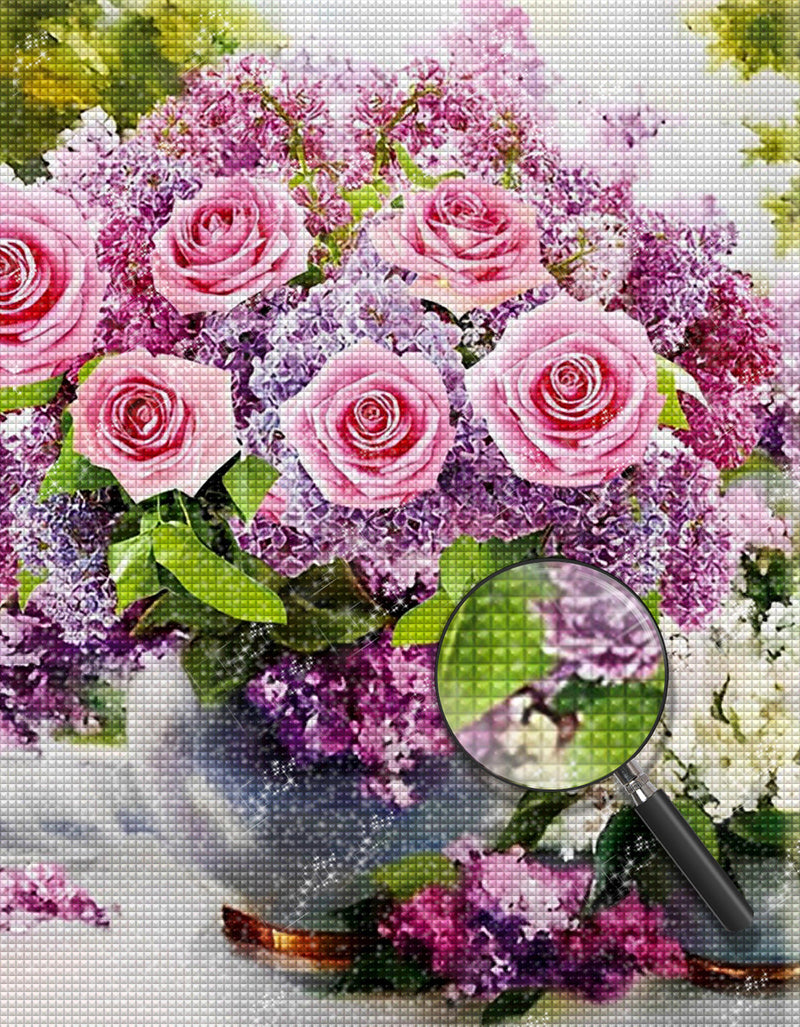 Rosa Rosen und lila Hortensien Diamond Painting