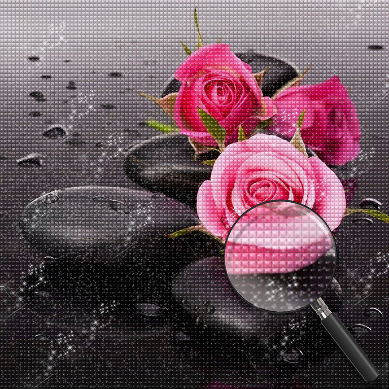 Rosa Rosen und schwarze Steine Diamond Painting