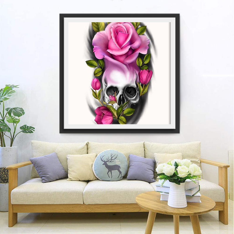 Rosa Rosen und Totenkopf Diamond Painting