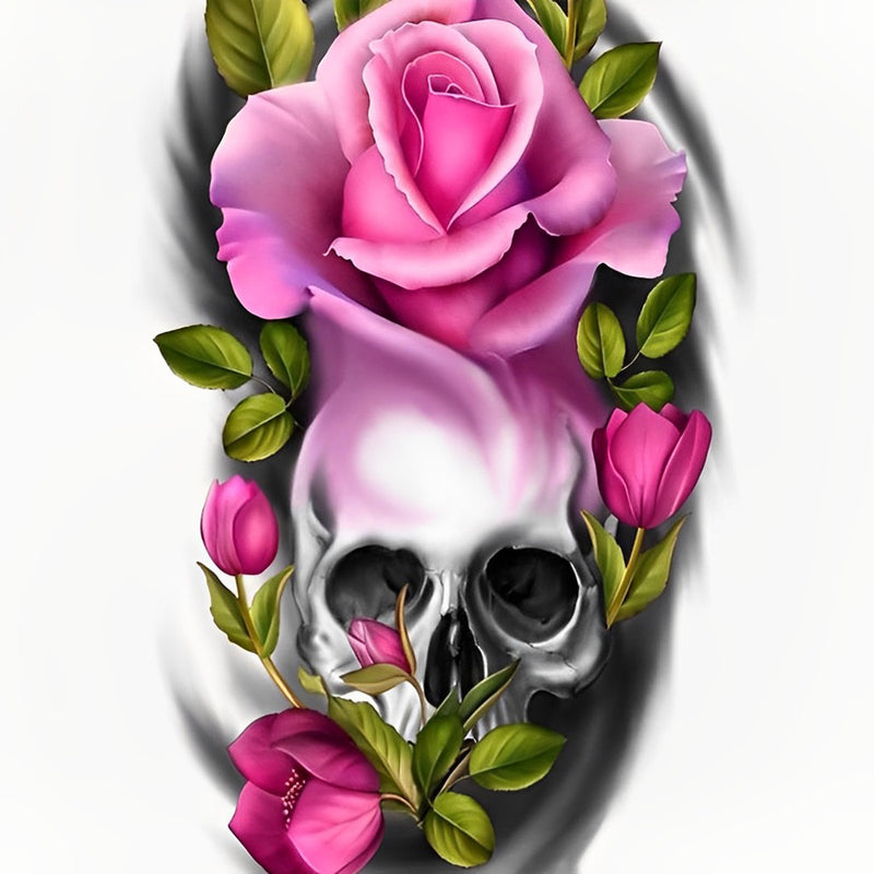 Rosa Rosen und Totenkopf Diamond Painting