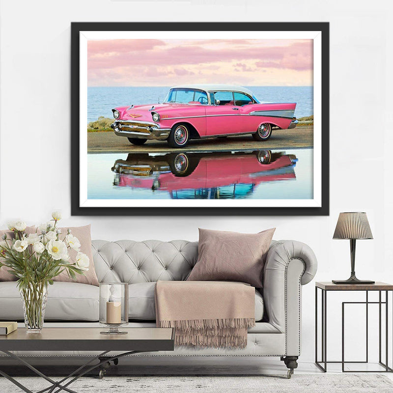 Rosa Sportwagen am Meer Diamond Painting