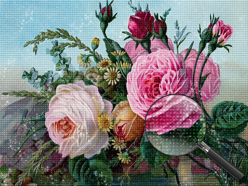 Rosen, grüne Blätter und Gänseblümchen Diamond Painting