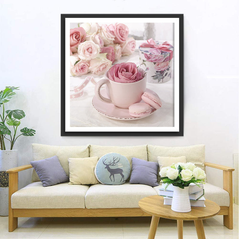 Rosen, Tasse und Macaron Diamond Painting