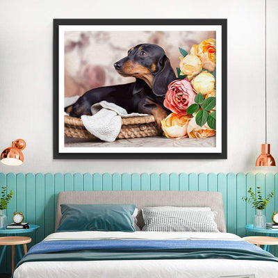 Rosen und Hund Diamond Painting