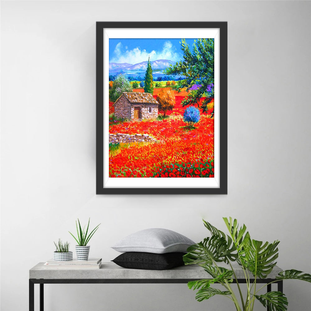 Rote Blumen und Hütte Diamond Painting