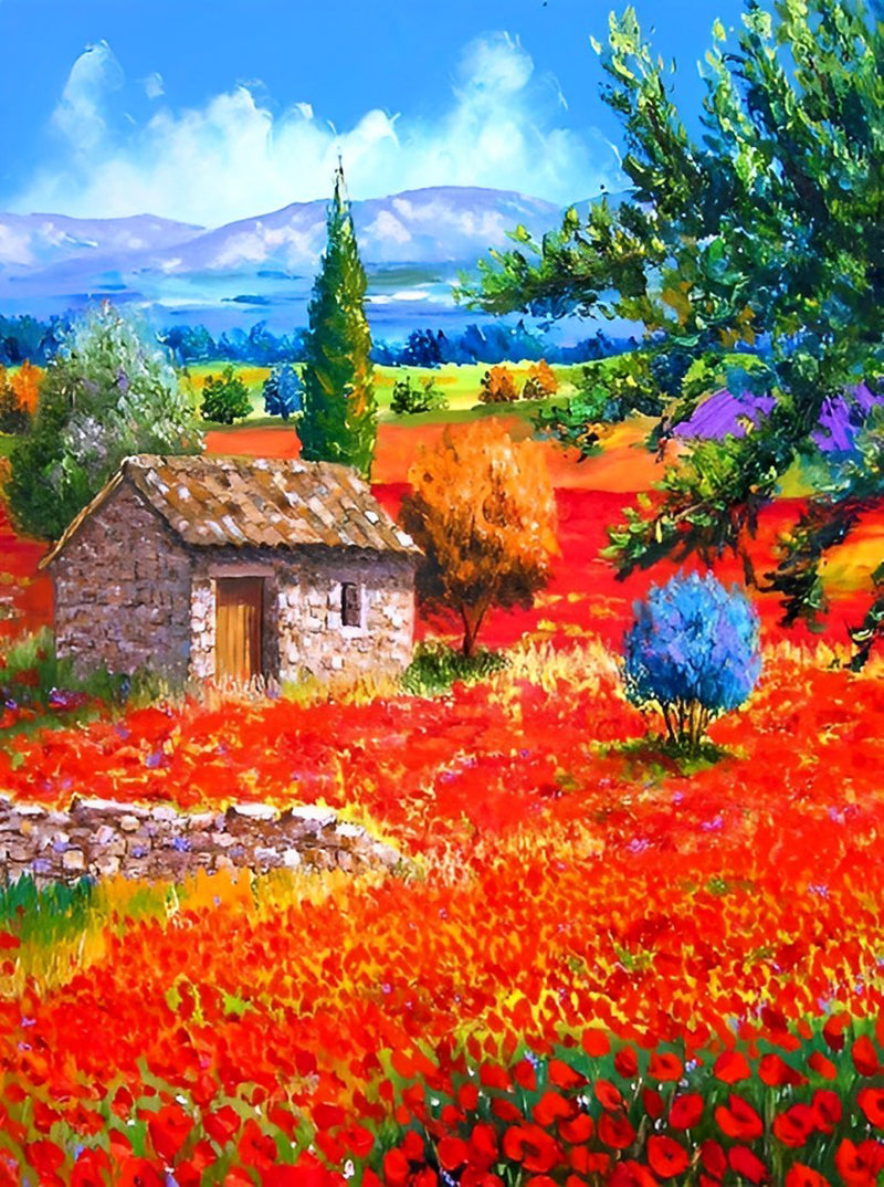 Rote Blumen und Hütte Diamond Painting