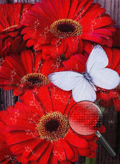 Rote Blumen und weißer Schmetterling Diamond Painting