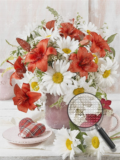 Rote Lilien und weiße Gänseblümchen Diamond Painting