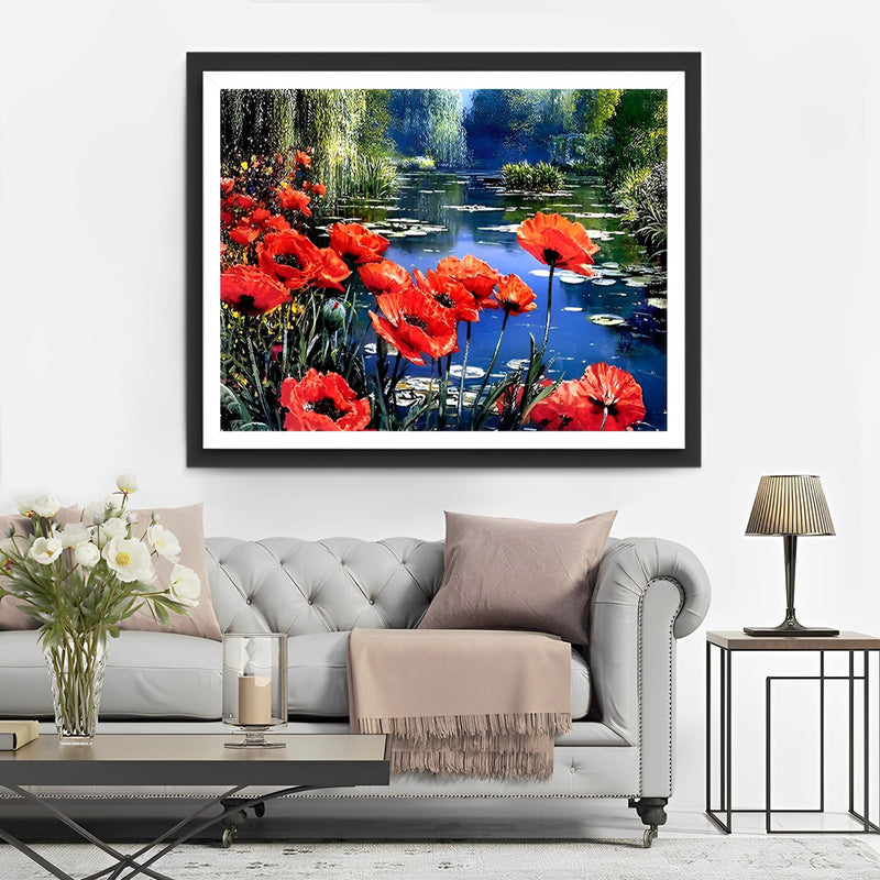 Rote Mohnblumen am Teich Diamond Painting