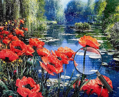 Rote Mohnblumen am Teich Diamond Painting