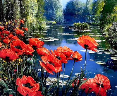 Rote Mohnblumen am Teich Diamond Painting