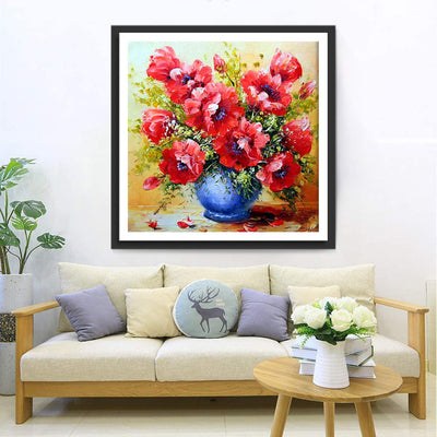 Rote Mohnblumen in der blauen Vase Diamond Painting