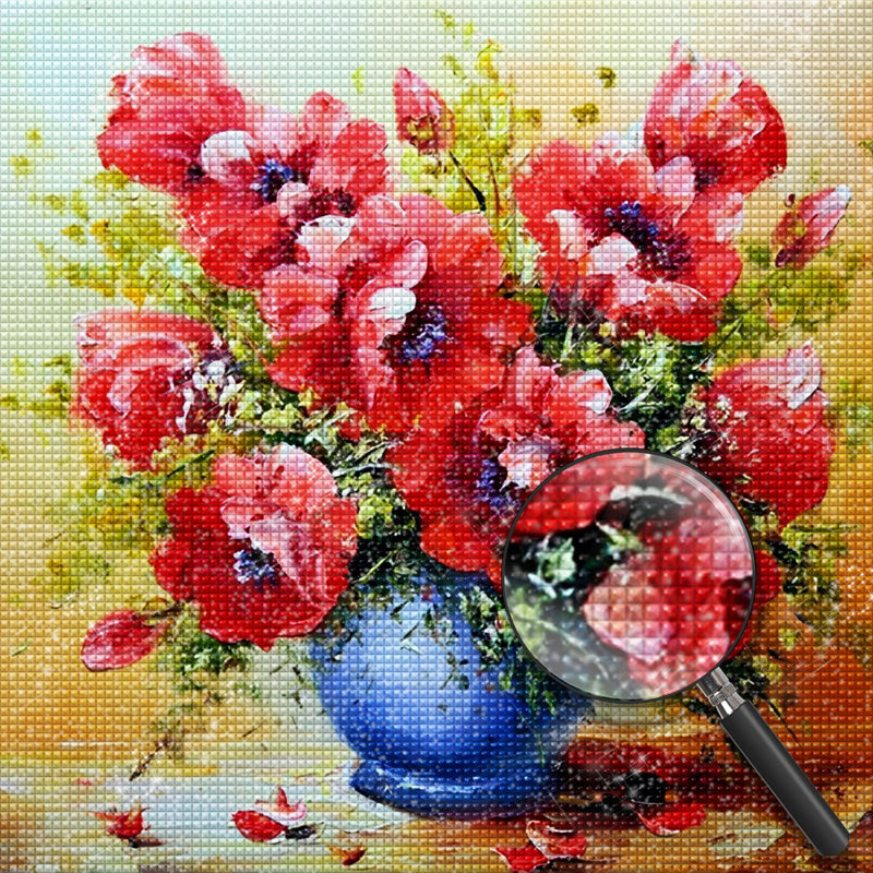 Rote Mohnblumen in der blauen Vase Diamond Painting