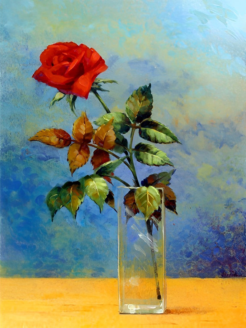 Rote Rose mit grünen Blättern Diamond Painting