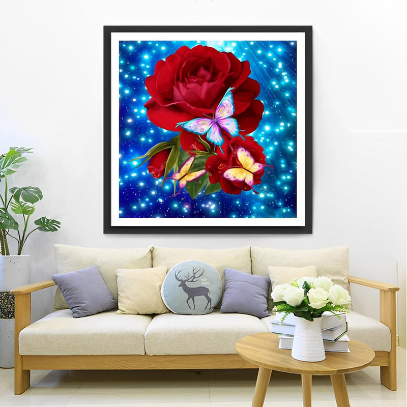 Rote Rosen, bunte Schmetterlinge und Glühwürmchen Diamond Painting