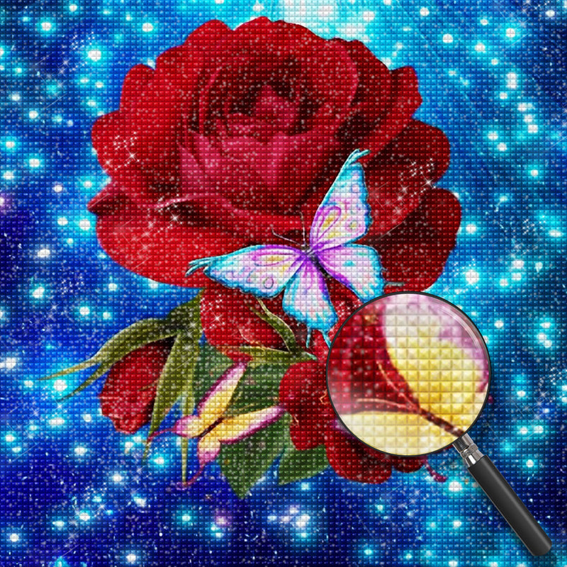 Rote Rosen, bunte Schmetterlinge und Glühwürmchen Diamond Painting