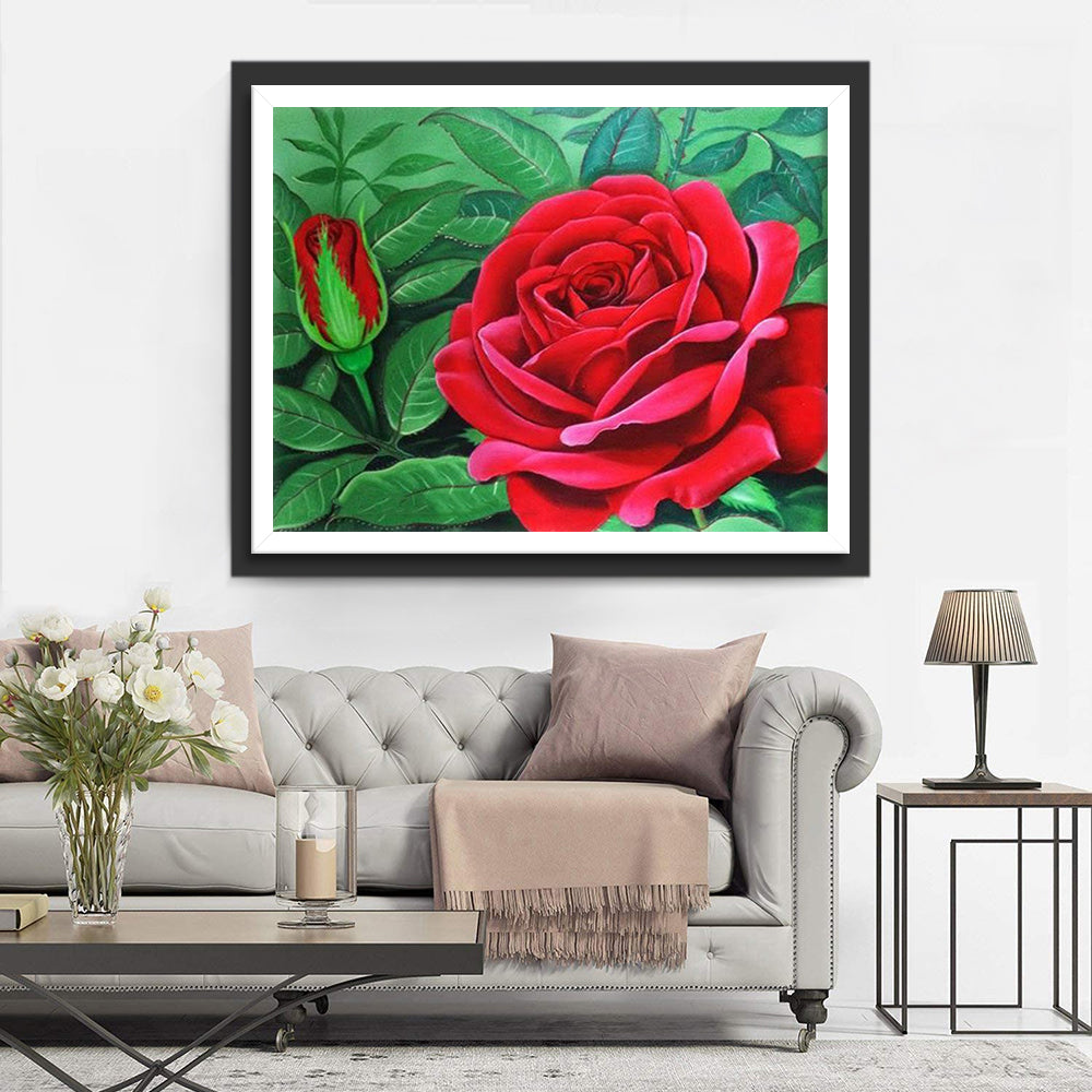 Rote Rosen und grüne Blätter Diamond Painting