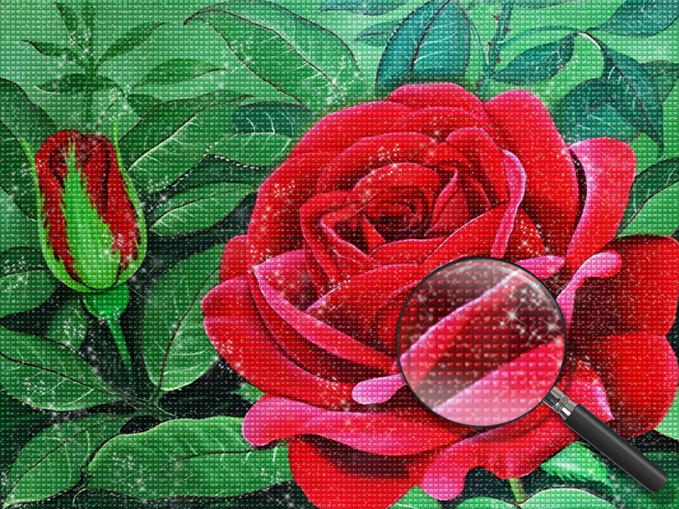 Rote Rosen und grüne Blätter Diamond Painting