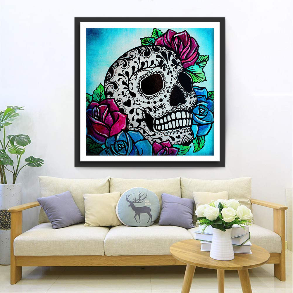 Rote und blaue Rosen und Totenkopf Diamond Painting