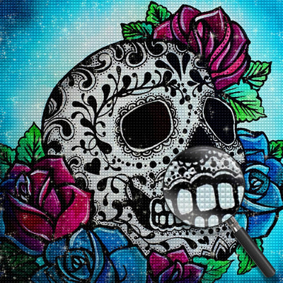 Rote und blaue Rosen und Totenkopf Diamond Painting