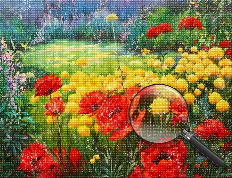 Rote und gelbe Blumen im Garten Diamond Painting