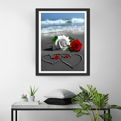 Rote und weiße Rosen am Strand Diamond Painting