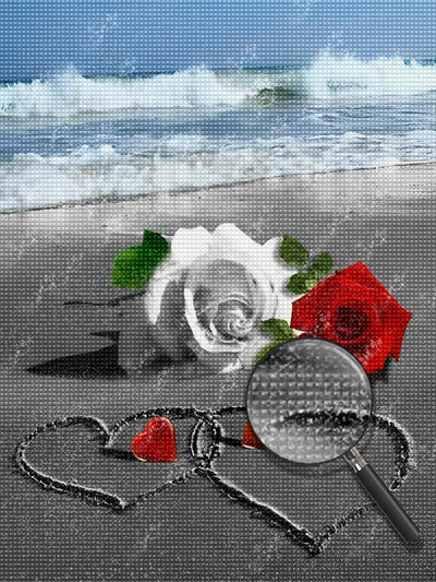 Rote und weiße Rosen am Strand Diamond Painting