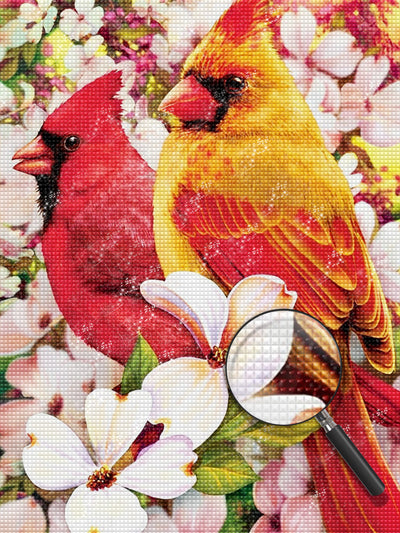 Rote Vögel und weiße Blumen Diamond Painting