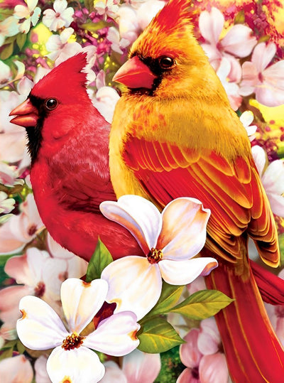 Rote Vögel und weiße Blumen Diamond Painting