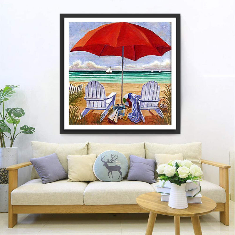 Roter Schirm am Meer Diamond Painting