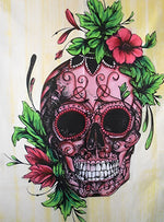 Roter Totenkopf, Mohnblumen und grüne Blätter Diamond Painting