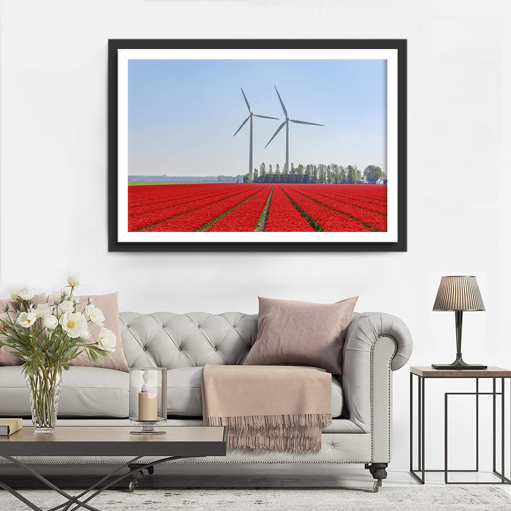 Rotes Blumenfeld und Windräder Diamond Painting
