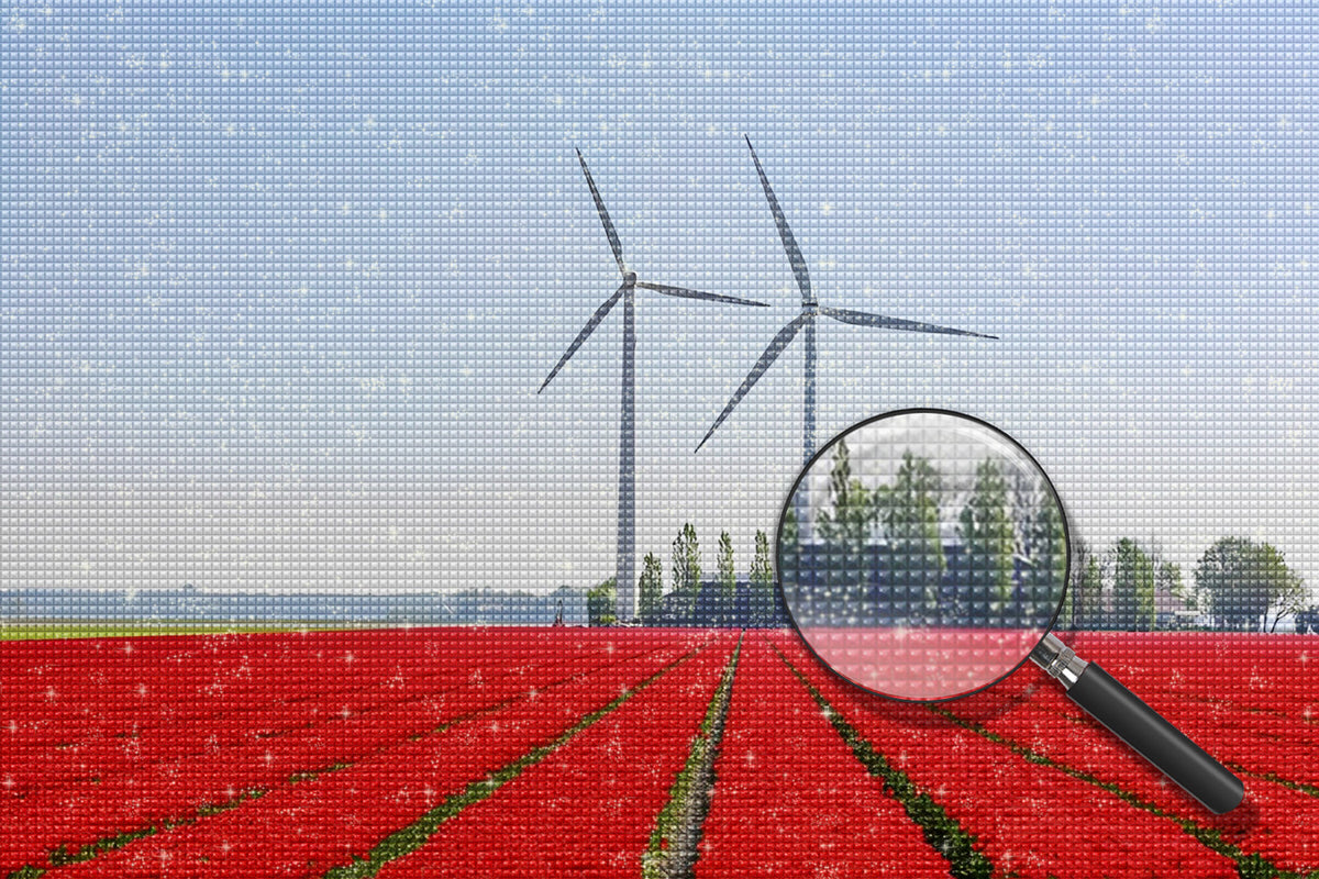 Rotes Blumenfeld und Windräder Diamond Painting