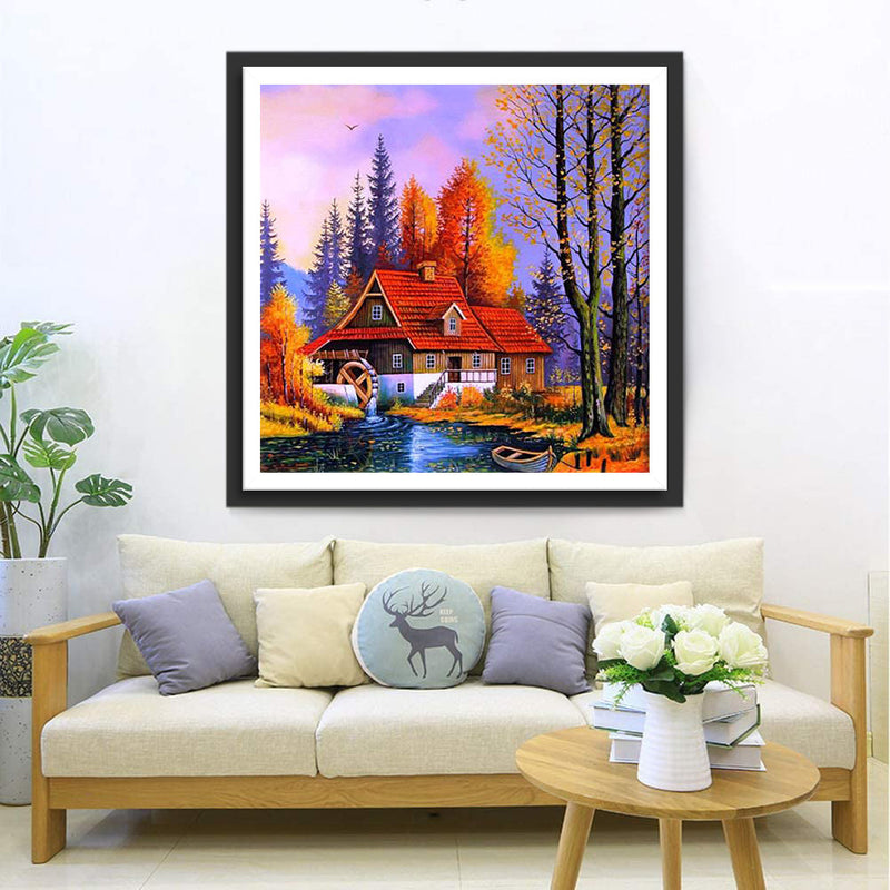 Rotes Haus im Wald im Herbst Diamond Painting