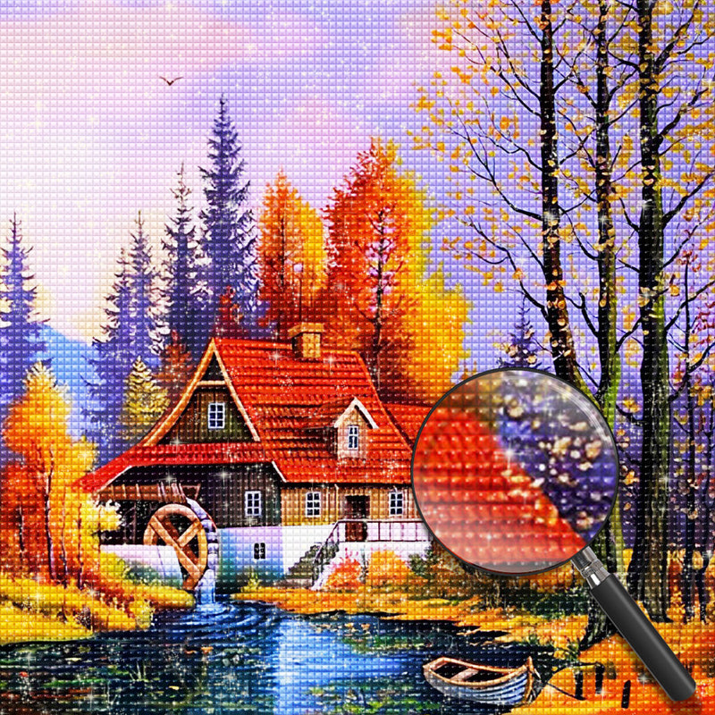 Rotes Haus im Wald im Herbst Diamond Painting