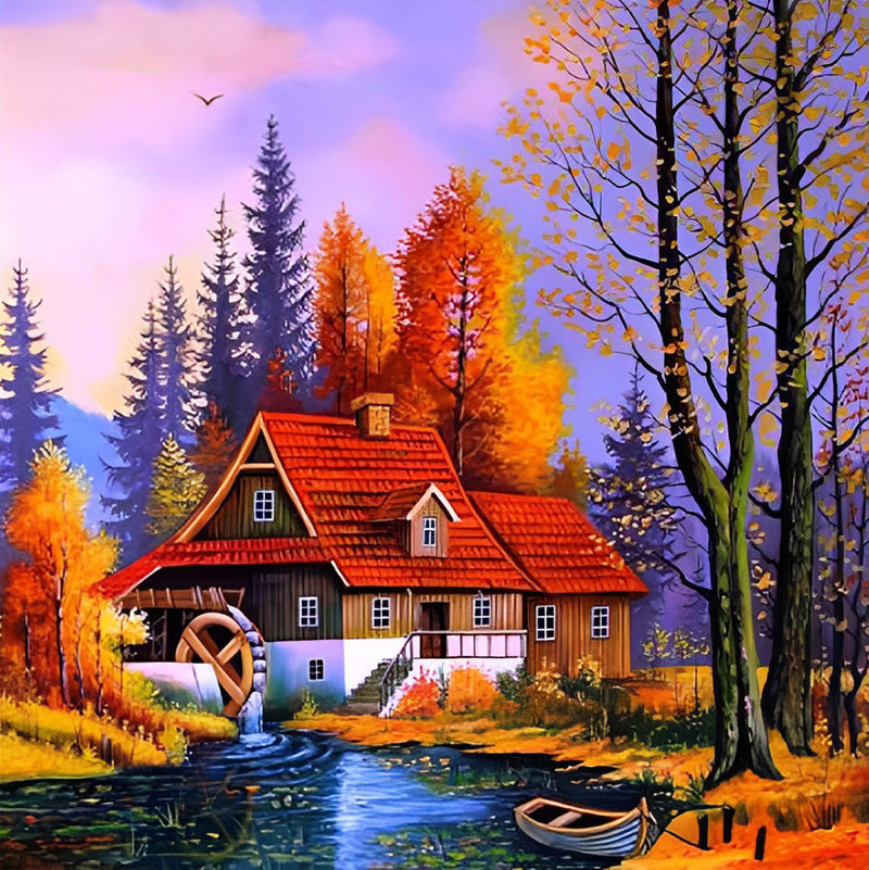 Rotes Haus im Wald im Herbst Diamond Painting