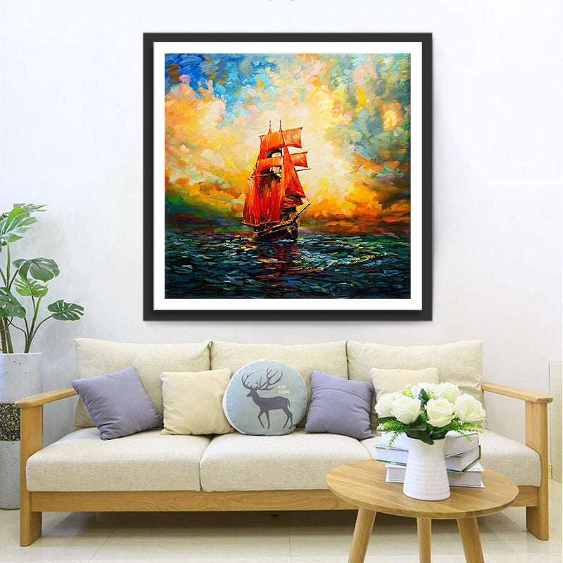 Rotes Segelboot auf dem Meer Diamond Painting