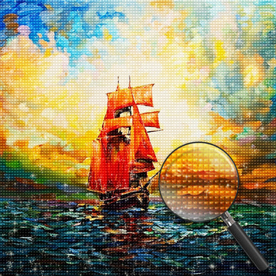 Rotes Segelboot auf dem Meer Diamond Painting