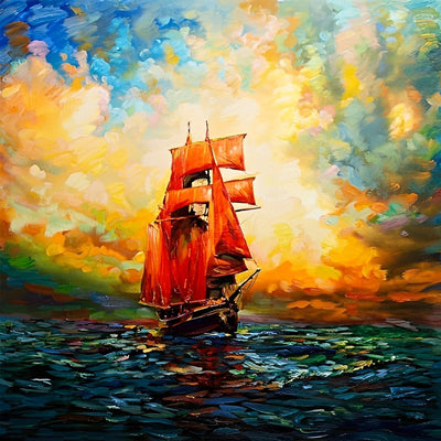 Rotes Segelboot auf dem Meer Diamond Painting