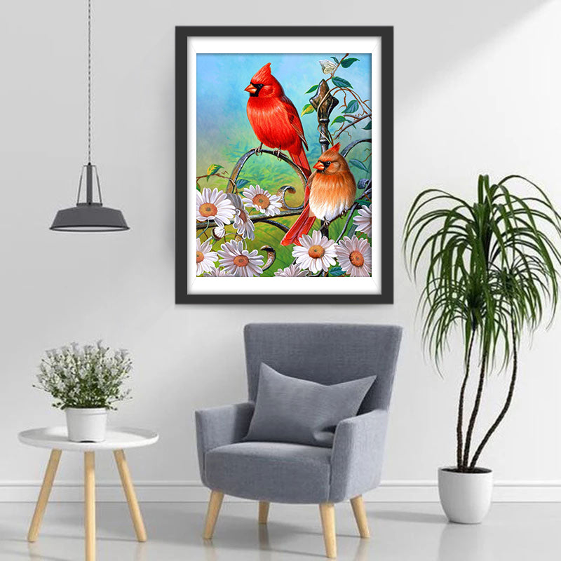 Rotkardinäle und Gänseblümchen Diamond Painting