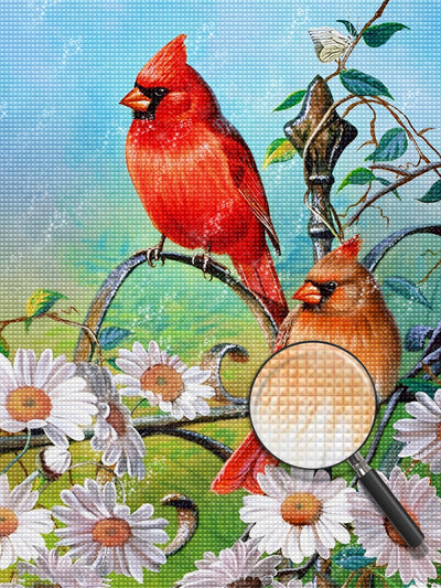 Rotkardinäle und Gänseblümchen Diamond Painting