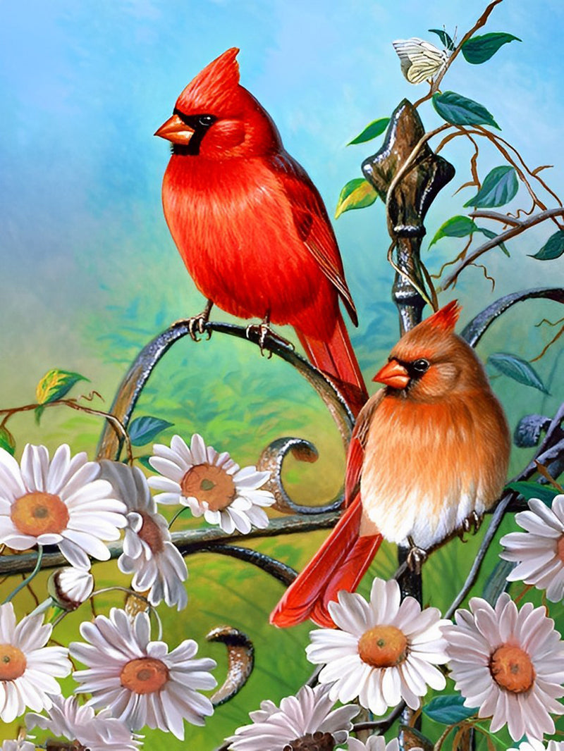 Rotkardinäle und Gänseblümchen Diamond Painting