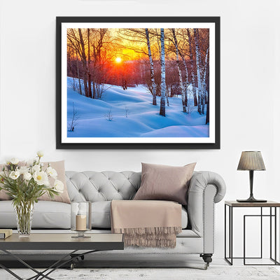 Ruhiger verschneiter Wald und Abendsonne Diamond Painting