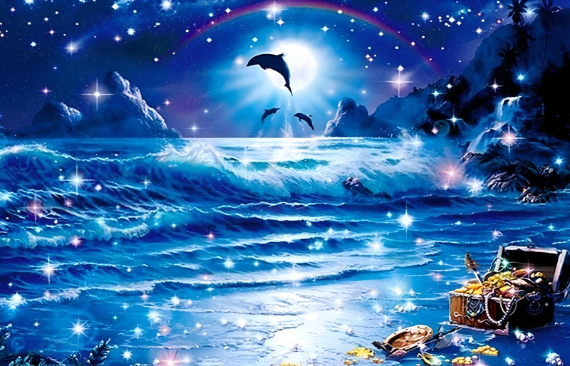 Schatzkiste am Strand in der Nacht Diamond Painting