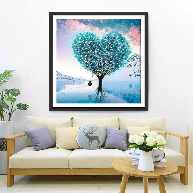 Schaukel unter dem blauen herzförmigen Baum Diamond Painting