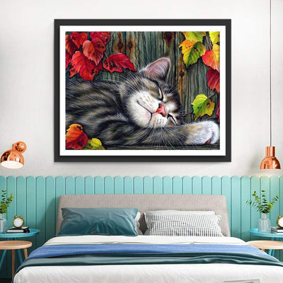 Schlafende Katze und Ahornblätter Diamond Painting