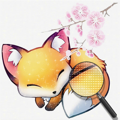 Schlafender Fuchs und rosa Blüten Diamond Painting