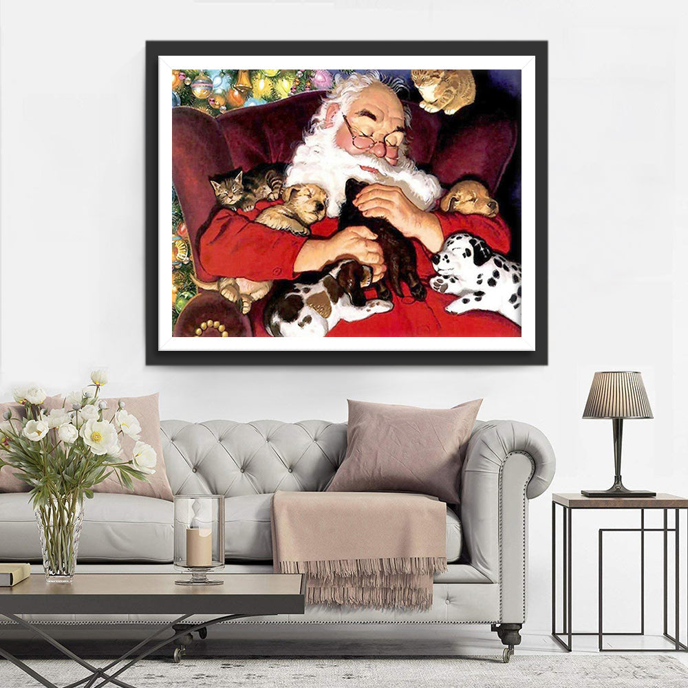 Schlafender Weihnachtsmann mit Katzen und Hunden Diamond Painting