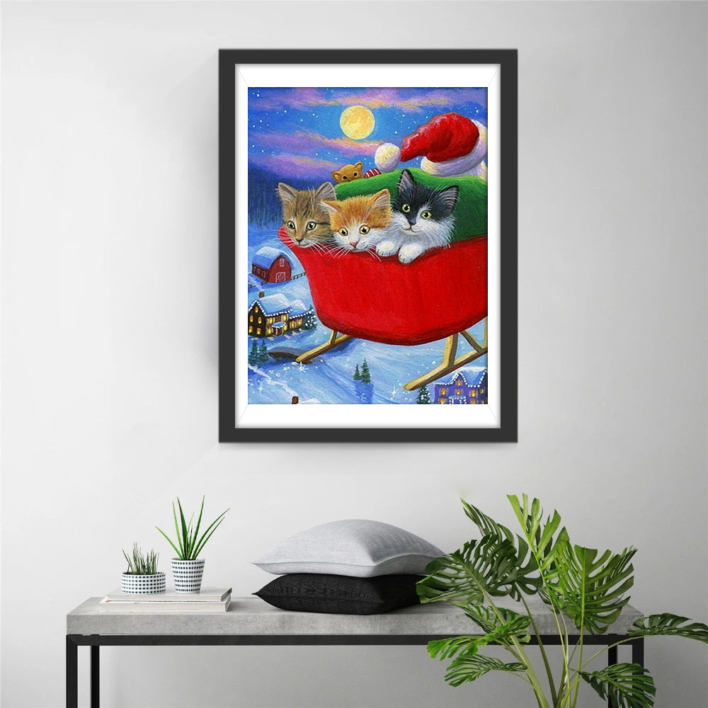 Schlitten mit Weihnachtsgeschenken und Kätzchen Diamond Painting