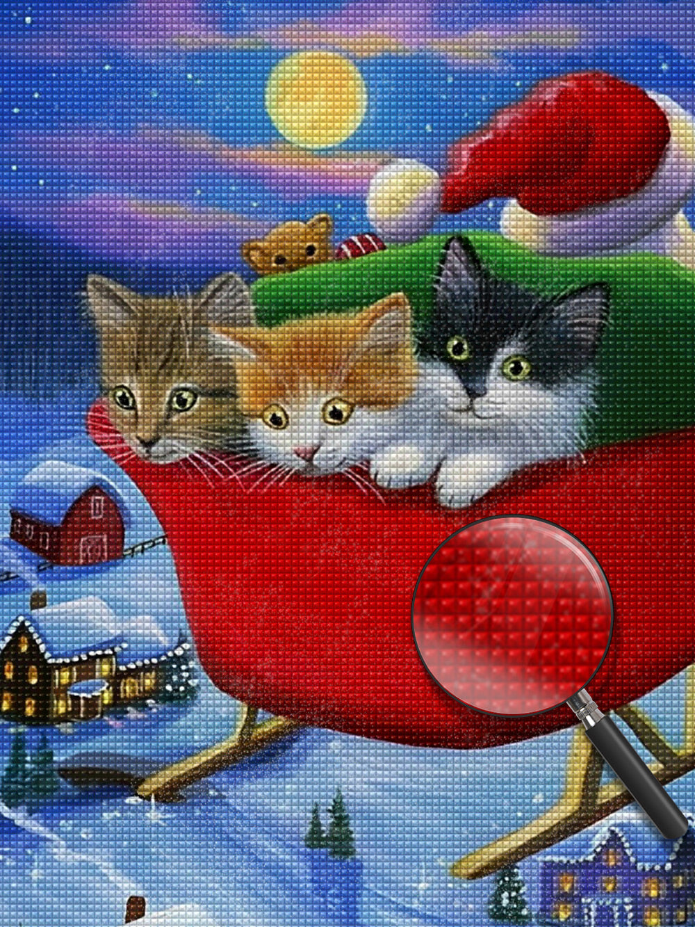 Schlitten mit Weihnachtsgeschenken und Kätzchen Diamond Painting